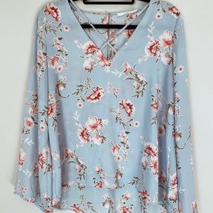 Lush Blue Floral Long Sleeve Blouse